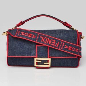 Fendi Blue/Red Dark Blue Denim Large Baguette Bag 8BR771